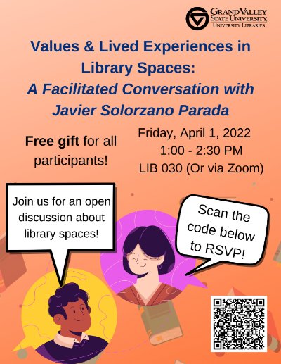 Image of two people talking with text boxes listing event details